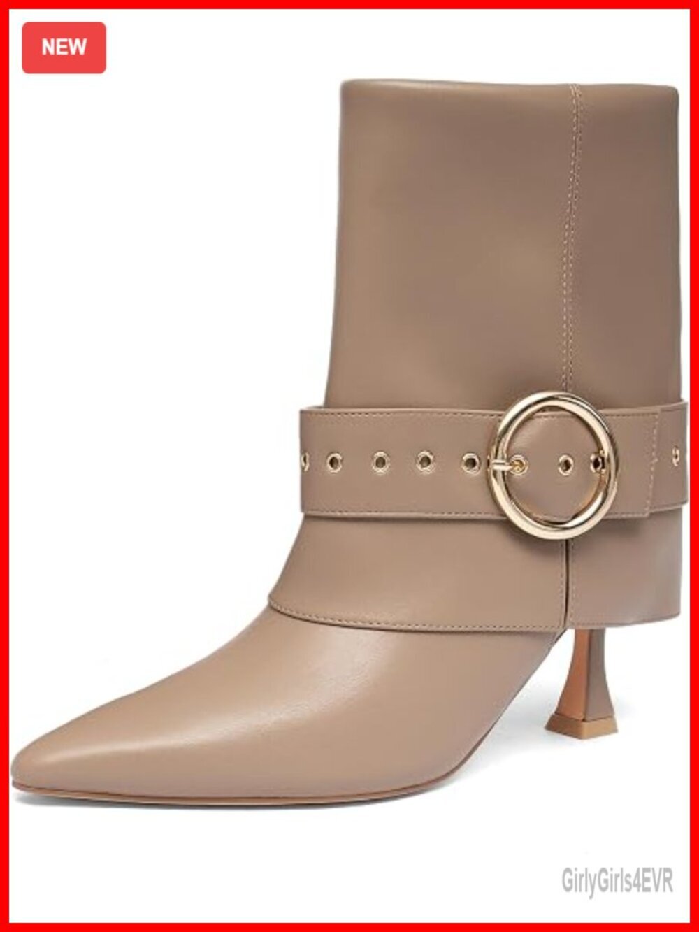 Pointed Toe Ankle Boots with Gold Buckle Strap, Slip-On Side Zipper High Heel